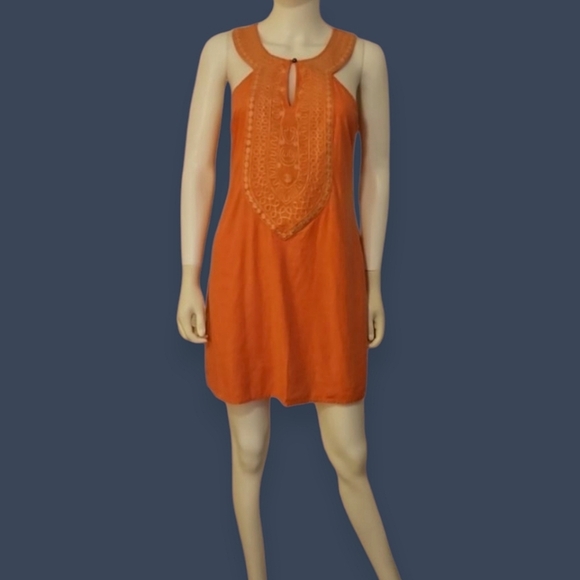 THEME Peach Embroidered Sleeveless Linen Halter Mini Jumper Dress - Picture 1 of 9